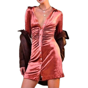 Free People Shayla Velvet XS Mini Dress Long Sleeves Button Front Collar Stretch